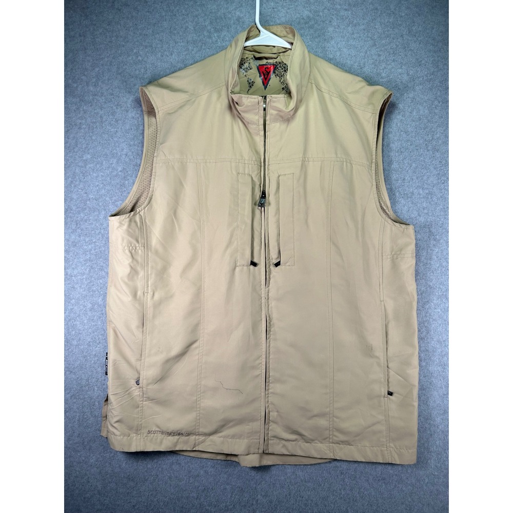 SCOTTeVEST Travel Vest Mens L Tan Beige Multi Pocket Utility Tech Zip 22.5x28.5